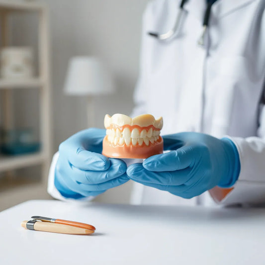 Dentist holding a custom dental crown above a tooth model in a clean clinic setting