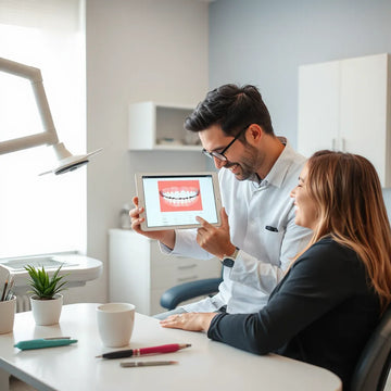 Dentist reviewing a cosmetic smile plan with a patient in a clean, softly lit clinic room