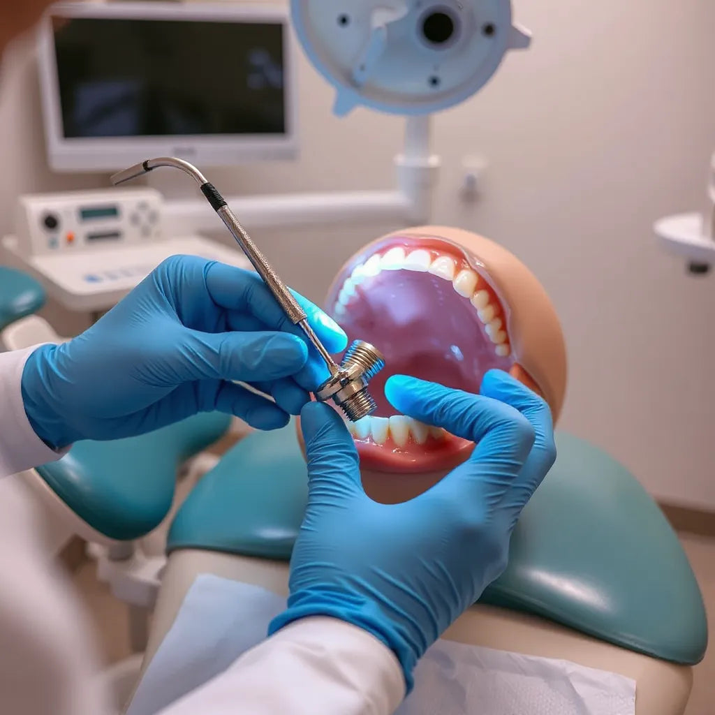 Clinician’s hands using precision tools for dental implant placement in a clean clinic setting