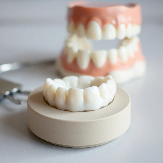 Natural-looking ceramic dental crown and restoration on a clinical tray under soft lighting