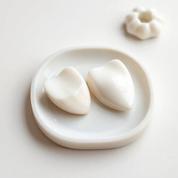 Glossy ceramic and porcelain veneer pieces with translucent edges on a clean dental tray