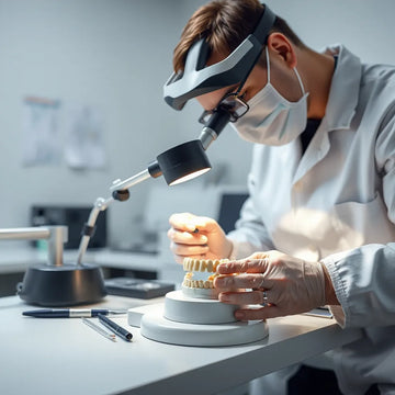 Dental technician carefully shaping a crown for a precise dental restoration under magnification in a clean lab setting