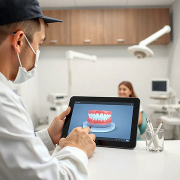 Dentist reviewing a 3D smile preview on a tablet in a clean dental clinic