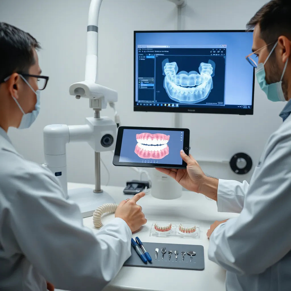 Dental professional reviewing a digital 3D model with scanning and precision tools on a clean workstation