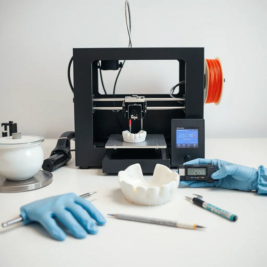 3D dental printer producing a dental model on a lab workbench