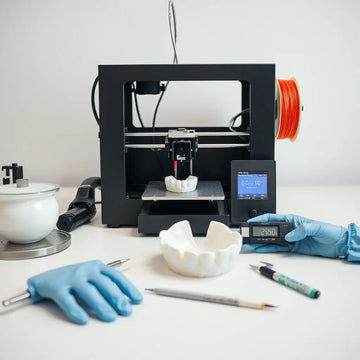 3D dental printer producing a dental model on a lab workbench
