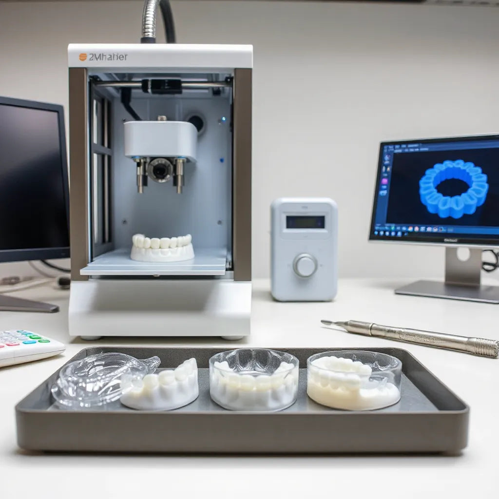 3D printer producing a dental model in a clean lab workspace with finished dental parts nearby
