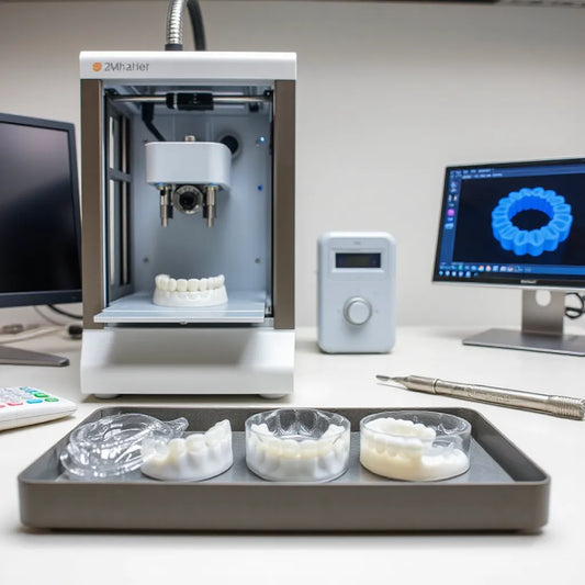 3D printer producing a dental model in a clean lab workspace with finished dental parts nearby