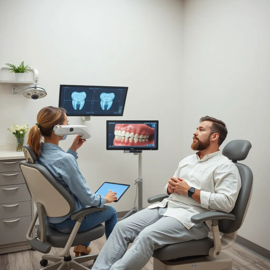 Dentist scanning a patient’s teeth with an intraoral scanner and viewing a 3D dental model on a screen