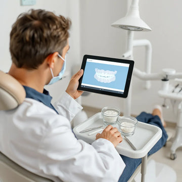 Dentist and patient reviewing a 3D dental model in a modern, clean clinic setting