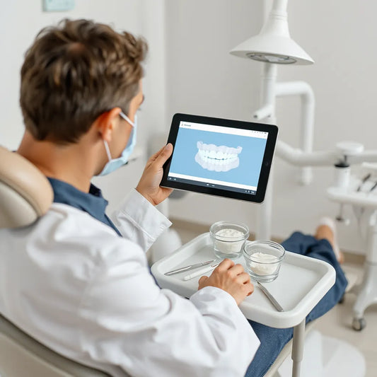 Dentist and patient reviewing a 3D dental model in a modern, clean clinic setting