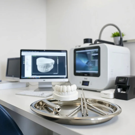 Modern dental lab workstation with CAD screens, precision tools, and a 3D printer
