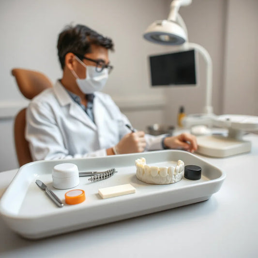Dentist reviewing restorative options alongside a tray with dental crown and filling materials