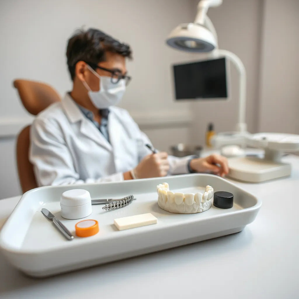 Dentist reviewing restorative options alongside a tray with dental crown and filling materials
