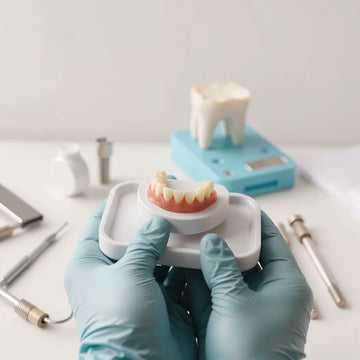Dentist holding a modern implant denture set in a clean clinical setting