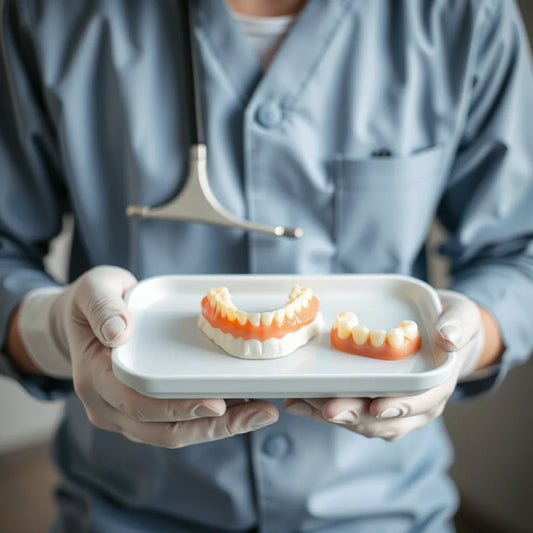 Polished dental prosthetics on a sterile tray held in a dental clinic