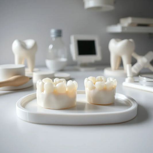 Finished zirconia crown caps on a clean tray in a dental lab workspace