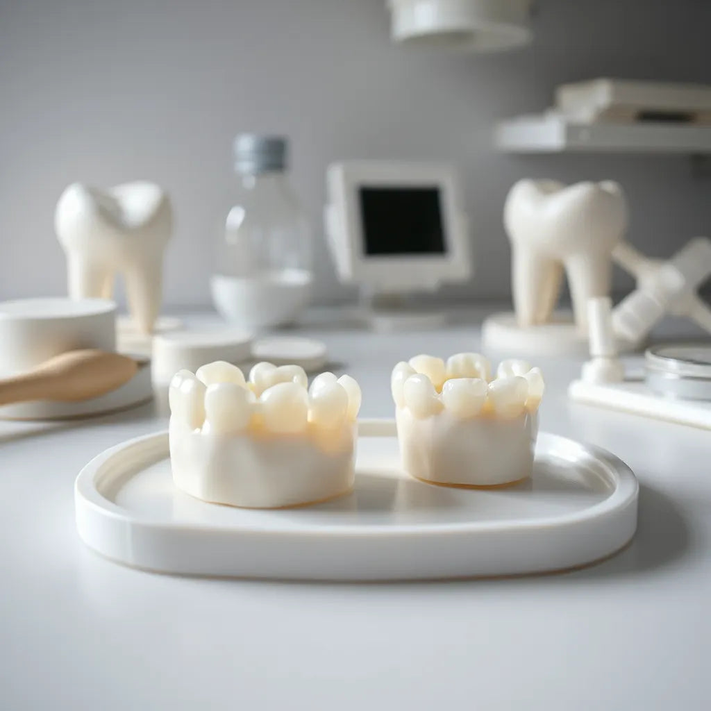 Finished zirconia crown caps on a clean tray in a dental lab workspace