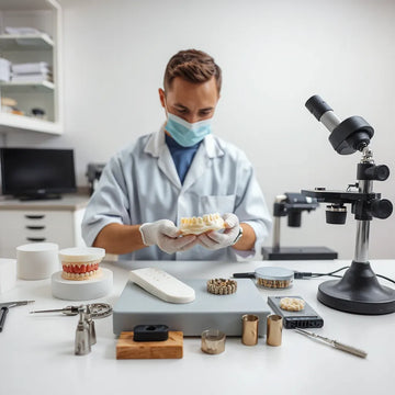 Technician inspecting a dental prosthetic model on a clean laboratory bench with precision tools and ceramic materials