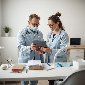 Dentist and lab technician collaborating in a clean clinic, reviewing case details on a tablet
