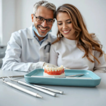 Dentures on a tray beside dental tools during a patient fitting visit