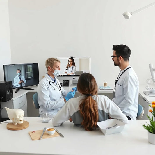 Dental team collaborating with a specialist while reviewing a treatment plan in a modern clinic