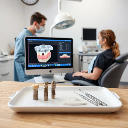 Dental implant planning with a 3D model and sterile surgical guide on a clinician tray