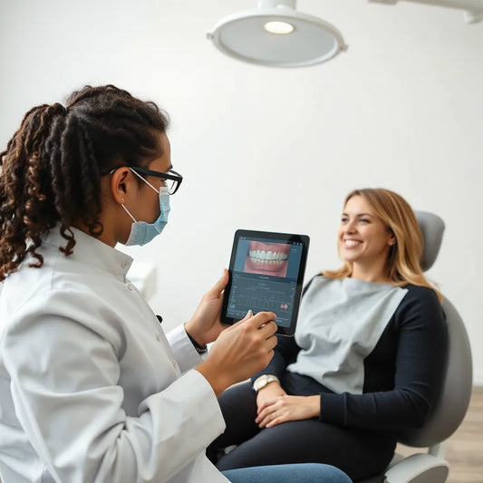 Dentist and patient reviewing a digital smile preview on a tablet in a bright clinic