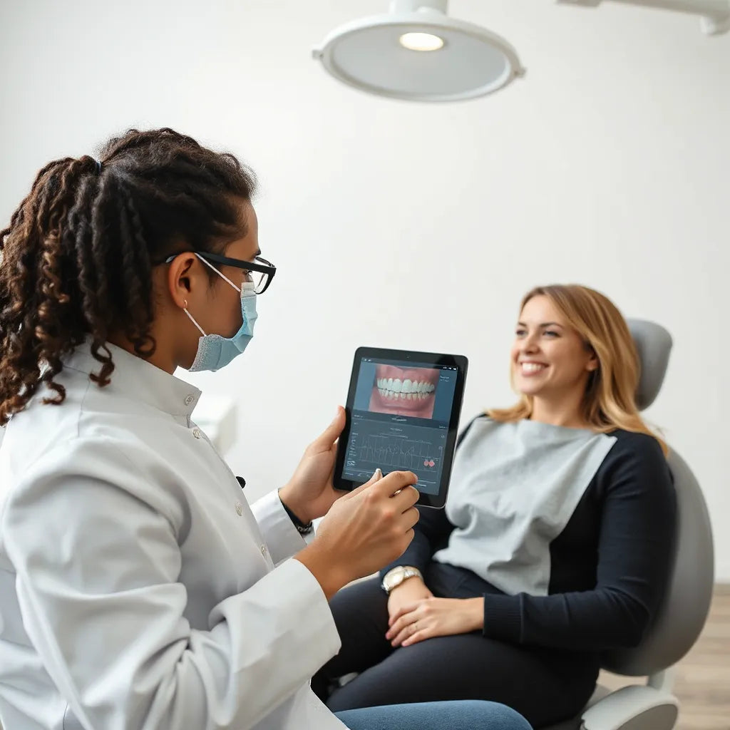 Dentist and patient reviewing a digital smile preview on a tablet in a bright clinic
